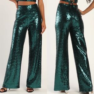 Lulus Pant Small Teal Green Sequin High Waist Wide Holiday Party Cocktail NWT